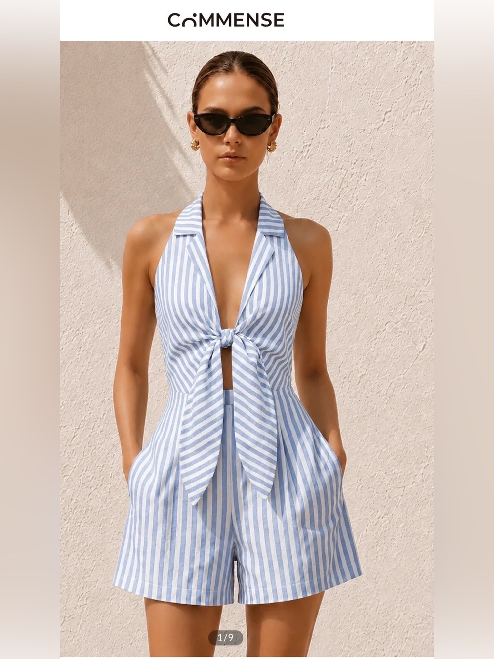 Commense Halter Tie Front Striped Romper